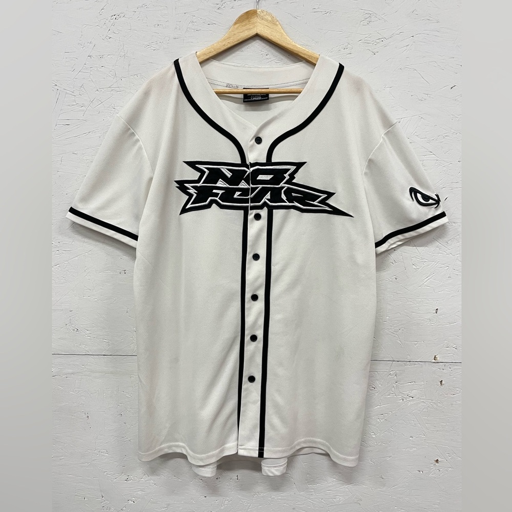 Retro No Fear Embroidered Logo Baseball Jersey, Size XL, Black and White